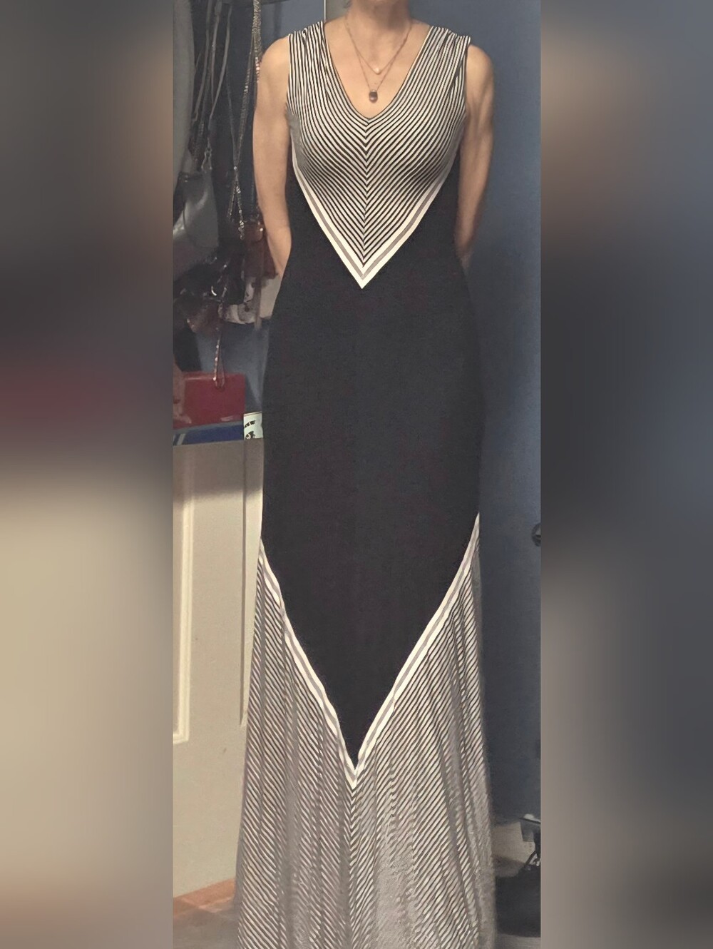Black and White Chevron Maxi Dress - Women's Elegant Sleeveless Dress - Picture 2 of 4